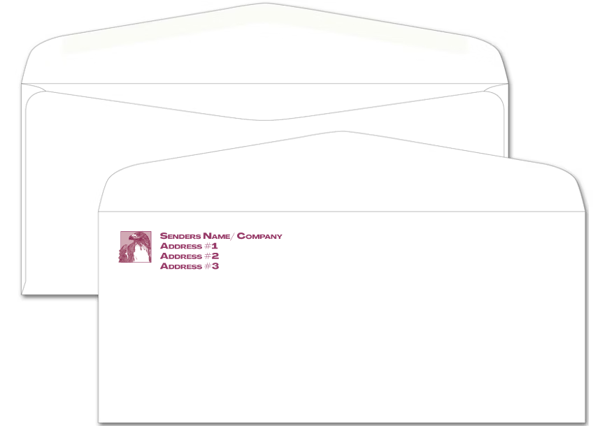 Two white commercial-flap business envelopes stacked together, featuring a customizable maroon eagle logo with template text for "Senders Name / Company" and address fields in the top-left corner.