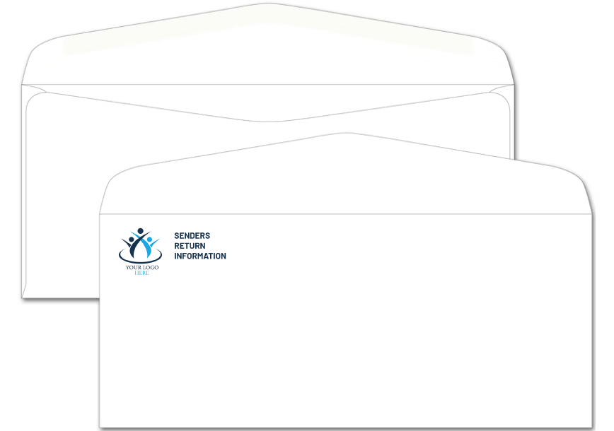 Two white commercial-flap business envelopes stacked together, with a customizable two-color blue and black graphic logo and template text that reads 'SENDERS RETURN INFORMATION' in the top-left corner.