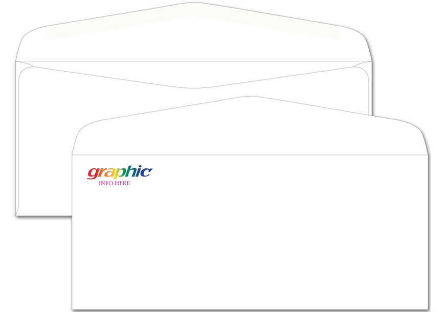 Two #10 white commercial-flap business envelopes stacked together, featuring a colorful rainbow-gradient logo placeholder that reads "graphic INFO HERE" in the top-left corner.
