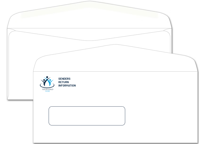 Two white commercial-flap business envelopes stacked together, featuring a single clear address window on the lower left and a customizable two-color blue and black graphic logo with template text reading 'SENDERS RETURN INFORMATION' in the top-left corner.