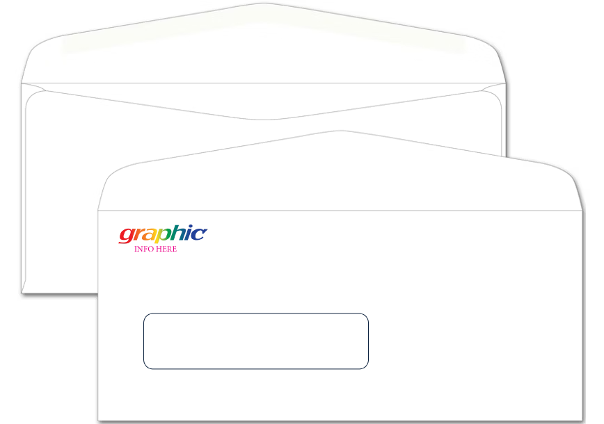 Two white commercial-flap business envelopes stacked together, featuring a single clear address window on the lower left and a colorful rainbow-gradient logo placeholder that reads "graphic INFO HERE" in the top-left corner.