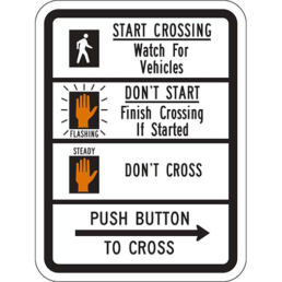 pedestrians push button to cross with info sign