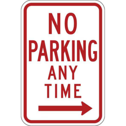 No parking any time right arrow sign