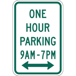 Hourly parking wth times and arrow sign