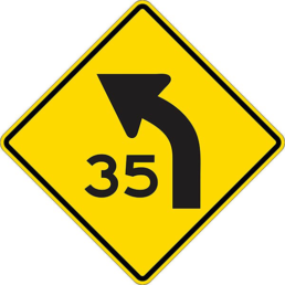 Left curve symbol with speed limit sign