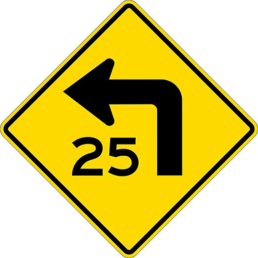 left turn symbol with speed limit sign