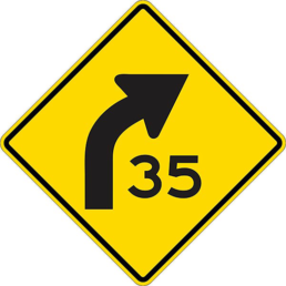 Right curve symbol with speed limit sign