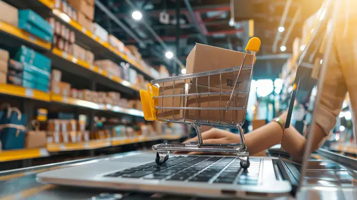 Mini shopping cart with box on laptop keyboard in warehouse, symbolizing online shopping.