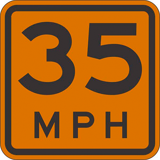 ADVISORY SPEED 35 MPH orange road sign.