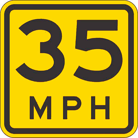 Yellow road sign: ADVISORY SPEED 35 MPH.