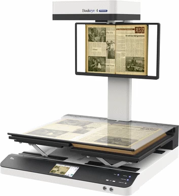 Bookeye 4 Professional scanner scanning a antique book with a glass plate on top