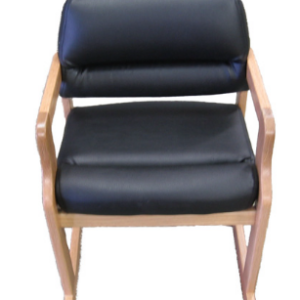 Child’s Nephi Crew Rocker S-Arms, black cushioned seat with wooden arms and frame, front view.