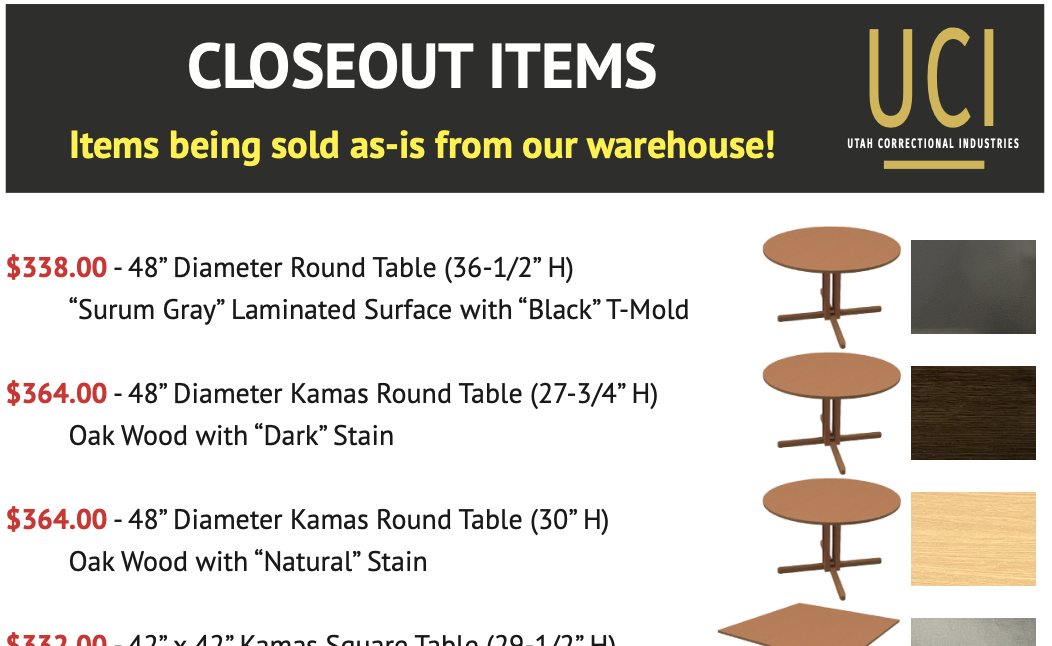 Closeout items list with images and prices of round and square tables from UCI.