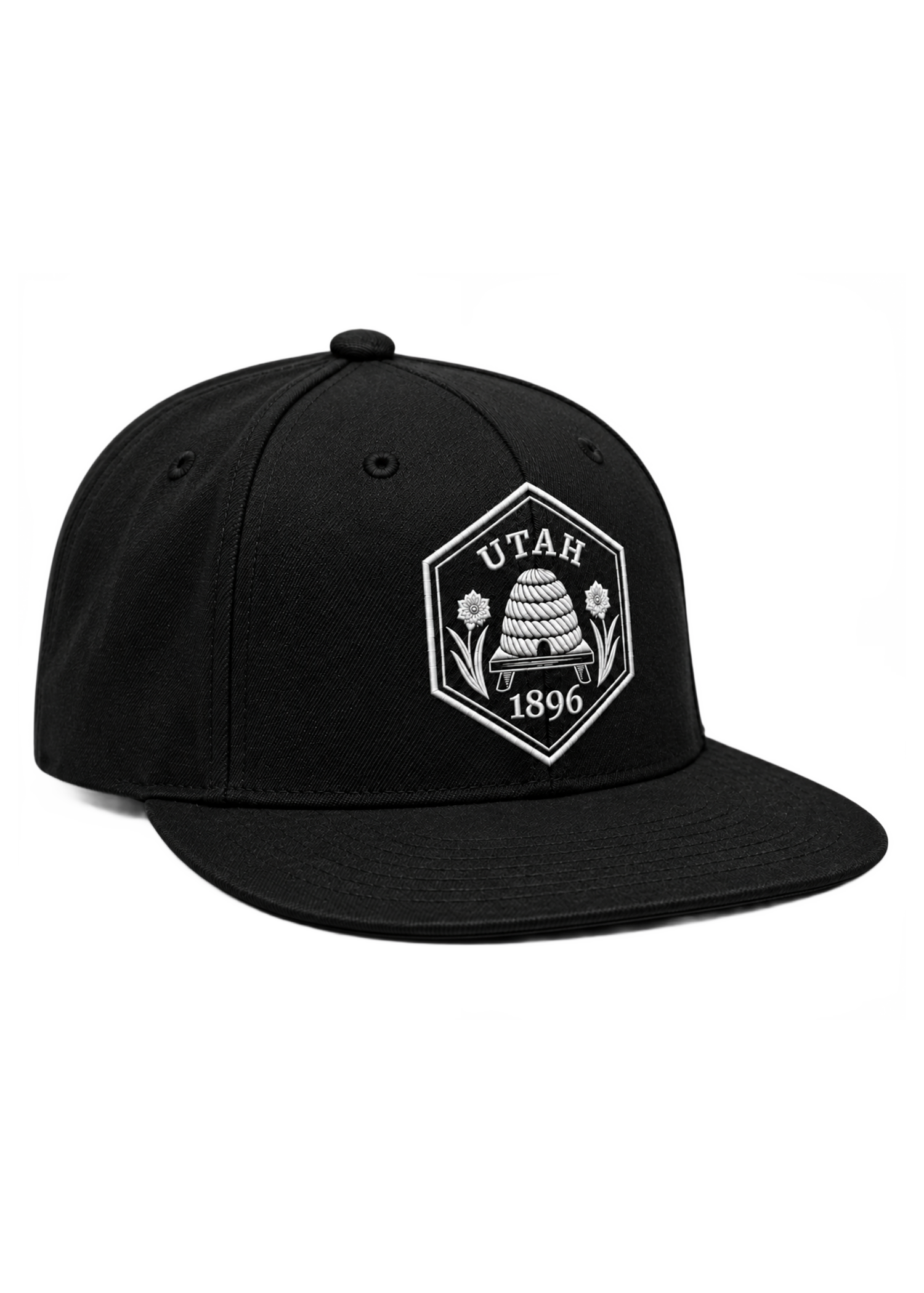 Black baseball cap with the Utah State logo embroidered on the front. The logo has the bee hive and flowers in white.