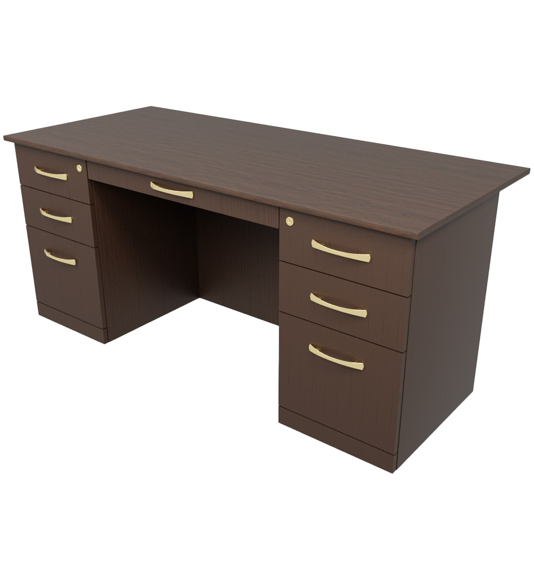 Dark Brown office desk, with gold handles and three drawers on each side, isolated on a white background.