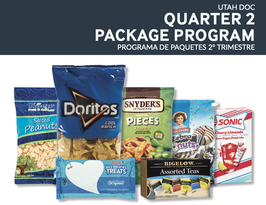 A selection of packaged snacks and drinks for the Utah DOC Quarter 2 Package Program.