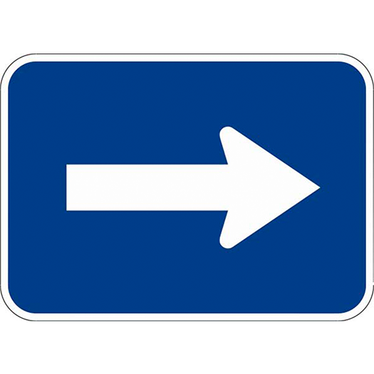 Blue rectangular DIRECT ARROW SINGLE sign with a white right-pointing arrow for right turn.