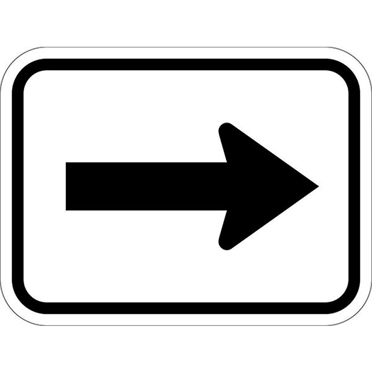 DIRECT ARROW SINGLE: Black right arrow on white sign with black border.
