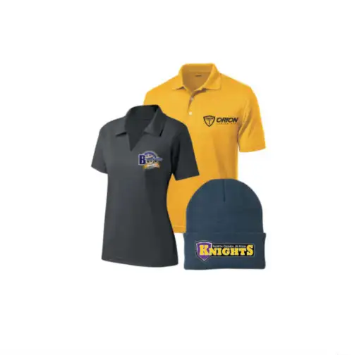 Various clothing with embroidery done for schools