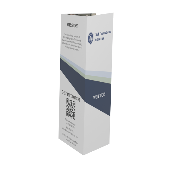 A tri-fold brochure for Utah Correctional Industries with Navy Blue, Mist Blue, Sage, and White design.